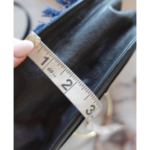 Vince Camuto Elia Fringe Denim Satchel Blue Ink Boho Leather Gold Bracelet Bag - Picture 12 of 13